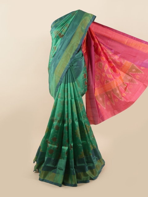 

Pothys Green & Pink Zari Pure Silk Ikat Saree