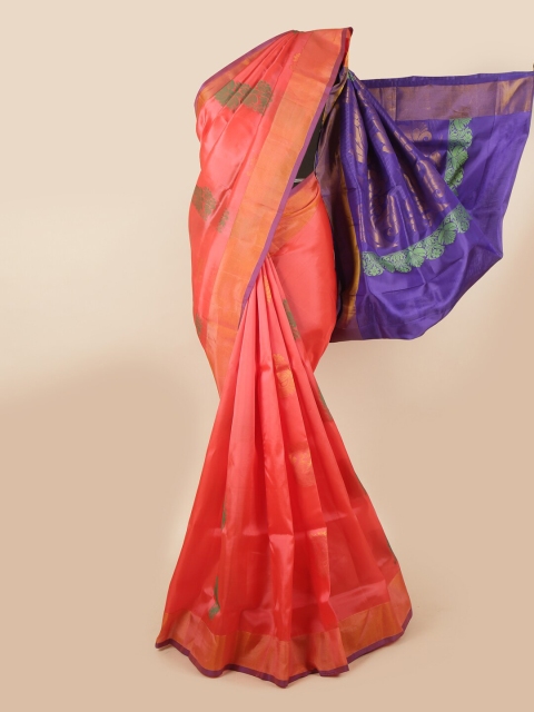 

Pothys Peach-Coloured & Blue Floral Zari Pure Silk Saree