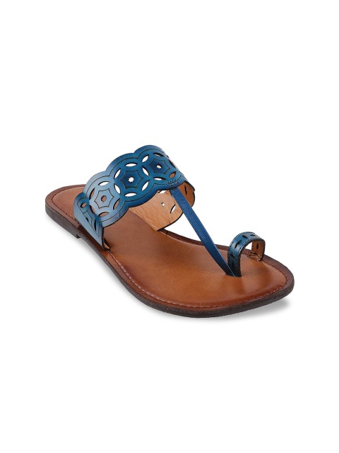 

Mochi Women Blue T-Strap Flats with Laser Cuts