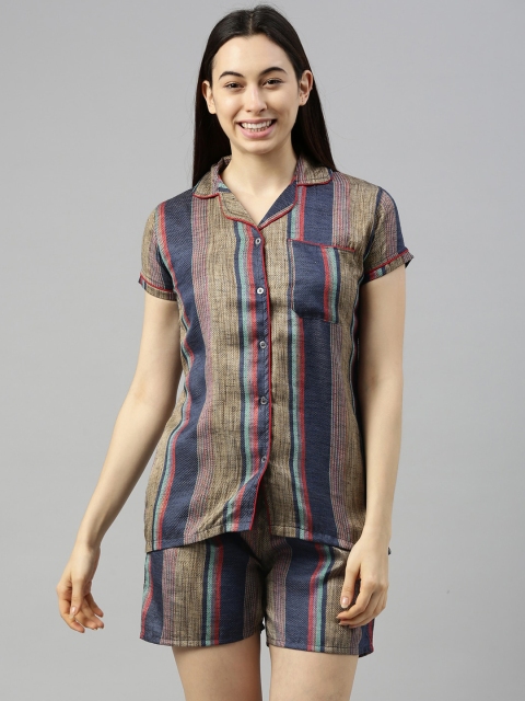

GOLDSTROMS Women Camel Brown & Navy Blue Striped 2 Pc Night Suit