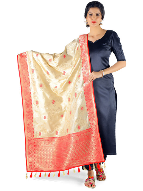 

panchhi Cream-Coloured & Red Woven Design Banarasi Silk Dupatta