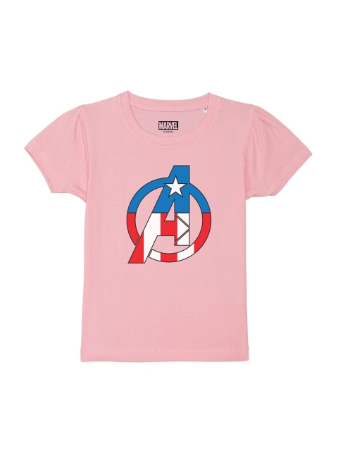 

Marvel by Wear Your Mind Girls Pink Avengers Printed Puff Sleeves Pure Cotton T-shirt