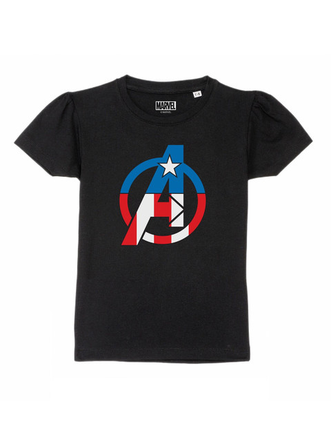 

Marvel by Wear Your Mind Girls Black Avengers Printed Puff Sleeves Pure Cotton T-shirt