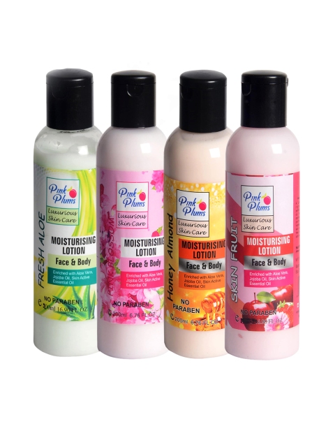 

Pink Plums Unisex Aloevera Almond Blossom Skin Fruit Body Lotion Pack of 4 200 ml each, Multi