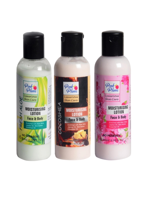 

Pink Plums Pack Of 3 Pink Plums Aloevera Cocoshea Blossom Body Lotion 600 ml, Multi