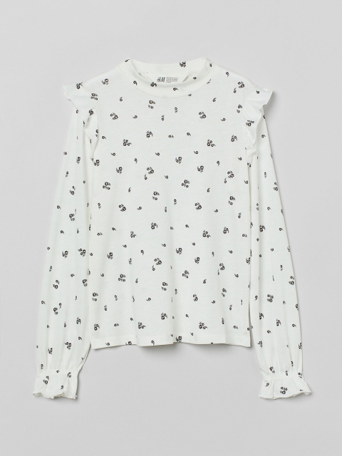 

H&M White & Black Floral Printed Flounce-Trimmed Jersey Blouse