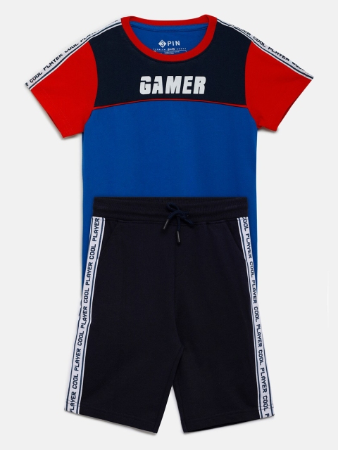 

3PIN Boys Blue & Red Colourblocked Pure Cotton T-shirt with Shorts