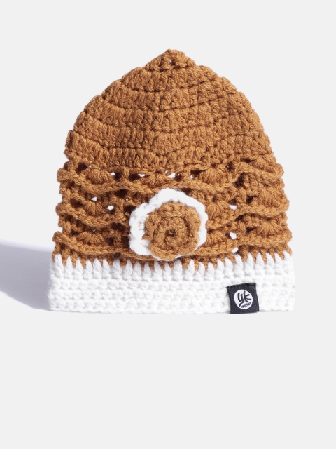 

YK Girls Mustard Brown & White Open Knit Beanie
