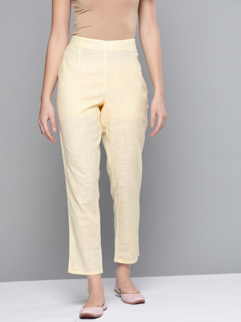 

HERE&NOW Women Cream-Coloured Pure Cotton Self Design Cigerette Trousers