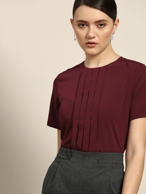

her by invictus Maroon Solid Pleated Top