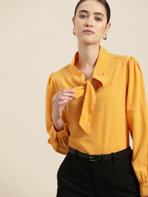 

her by invictus Women Mustard Yellow Tie-Up Neck Top