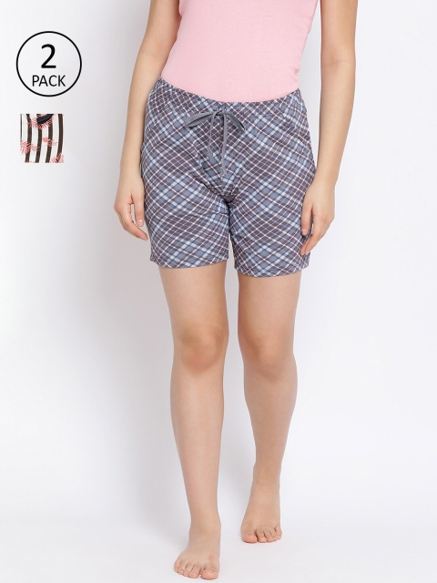 

LYRA Women Grey & Black Pack of 2 Printed Cotton Lounge Shorts