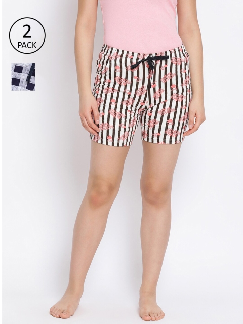 

LYRA Women White & Navy Blue 2 Printed Cotton Lounge Shorts