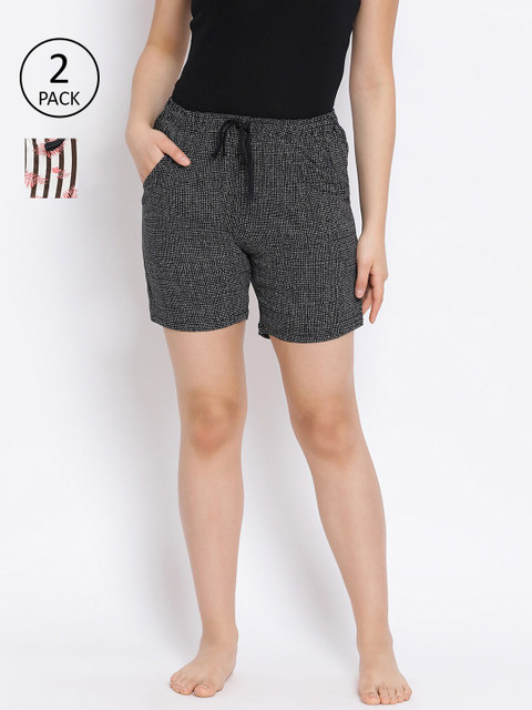 

LYRA Women Pack Of 2 Black & White Printed Lounge Shorts