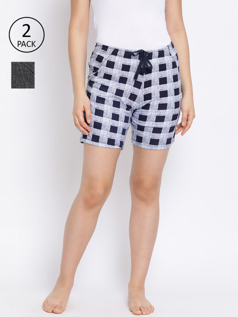 

LYRA Women Blue & Grey Pack Of 2 Printed Cotton Lounge Shorts