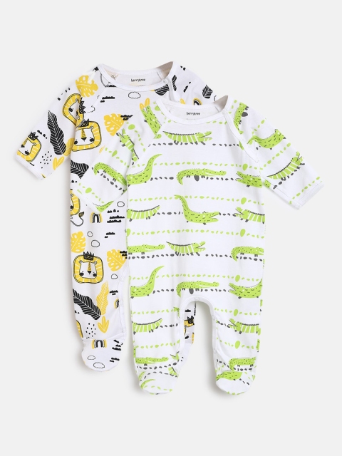 

berrytree Infant Kids Pack of 2 Printed Slim Fit Organic Cotton Sleepsuits, Green