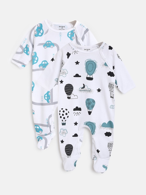 

berrytree Infant Kids Pack of 2 Printed Slim Fit Organic Cotton Sleepsuits, White