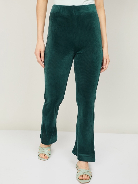 

CODE by Lifestyle Women Teal Textured High-Rise Corduroy Parallel Trousers