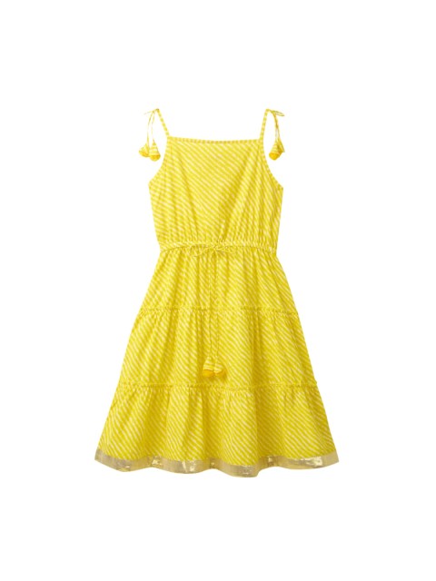 

Cub McPaws Yellow Striped Leheriya Printed Dress