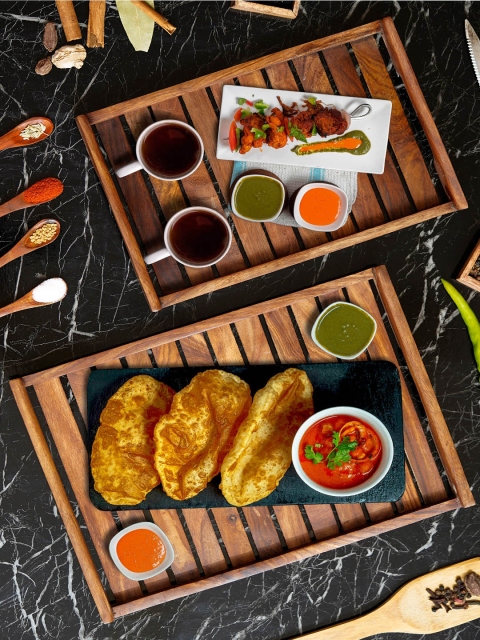 

eCraftIndia Set Of 2 Brown Handcrafted Wooden Serving Trays