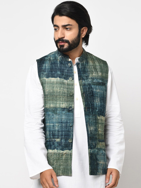 

Fabindia Men Green & Blue Printed Silk Woven Nehru Jacket
