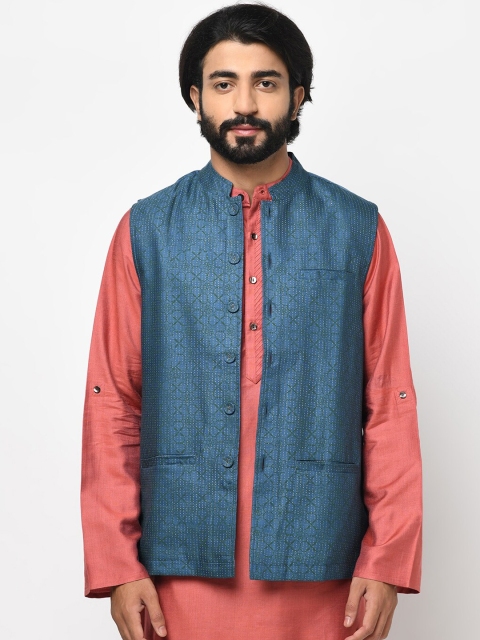 

Fabindia Men Blue & Green Printed Woven Nehru Jacket