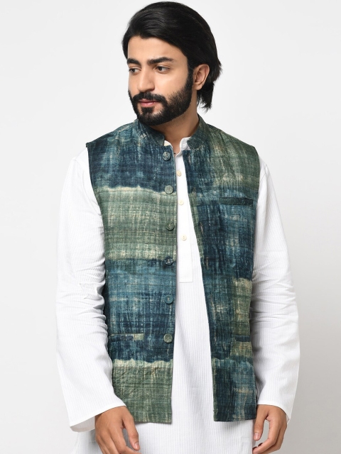 

Fabindia Men Green & Blue Printed Silk Woven Nehru Jacket