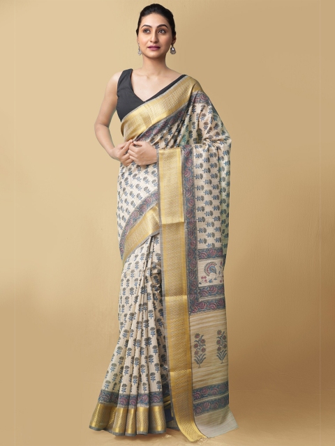 

Unnati Silks Women Off White & Gold-Toned Maheshwari Jute Sico Saree