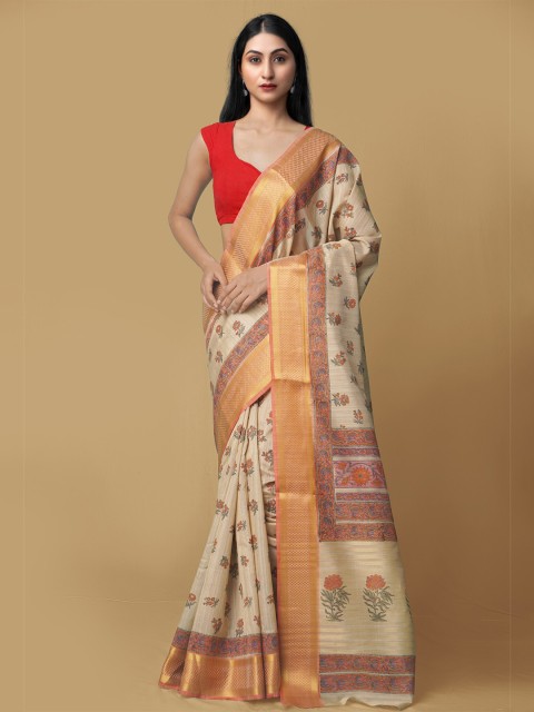 

Unnati Silks Beige & Orange Ethnic Motifs Zari Silk Cotton Maheshwari Saree