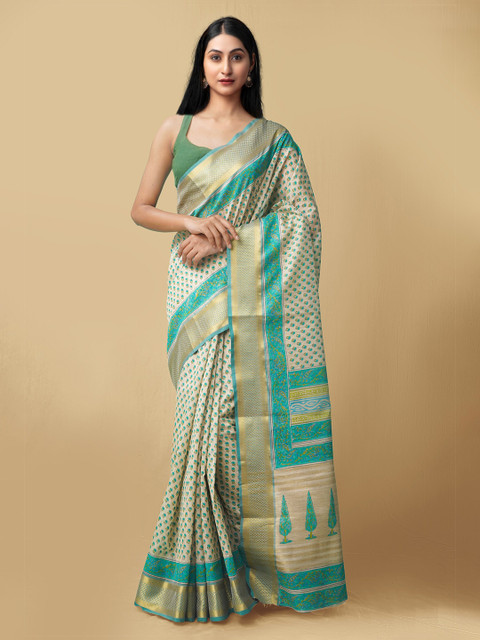 

Unnati Silks Women Cream-Coloured & Teal Maheshwari Jute Sico Saree