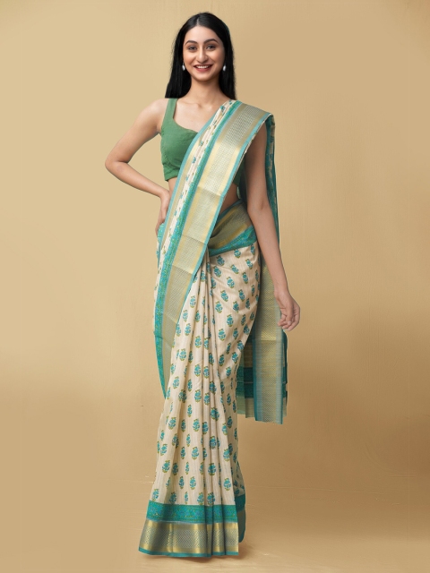 

Unnati Silks Women Beige & Blue Maheshwari Jute Sico Saree
