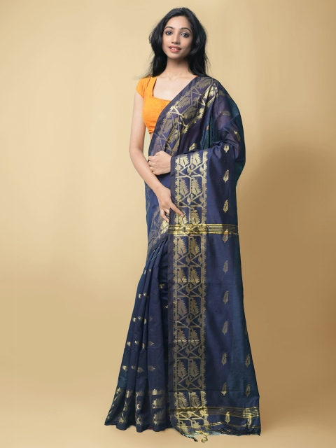 

Unnati Silks Women Blue & Gold-Coloured Pure Handloom Bengal Linen Sustainable Saree