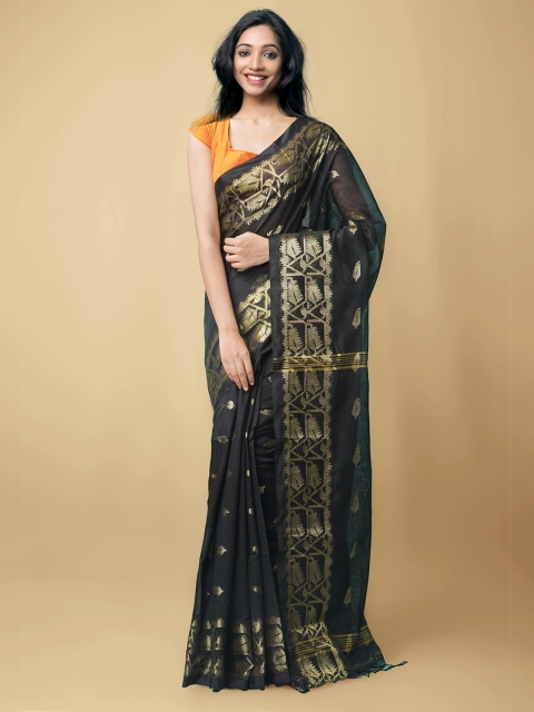 

Unnati Silks Black & Gold Ethnic Motifs Zari Pure Linen Jamdani Saree