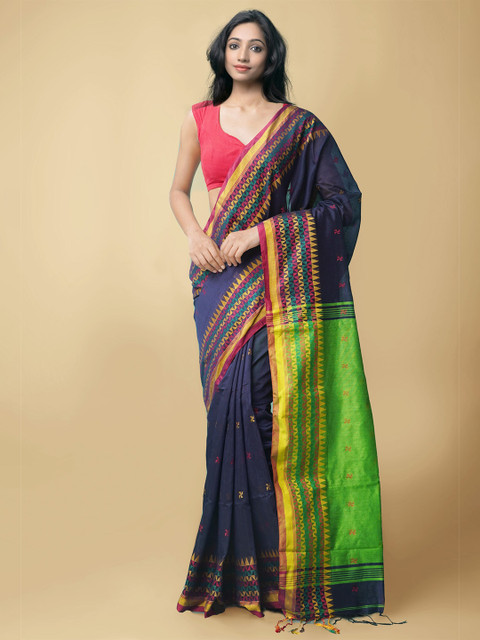 

Unnati Silks Blue & Green Woven Design Zari Pure Linen Jamdani Saree