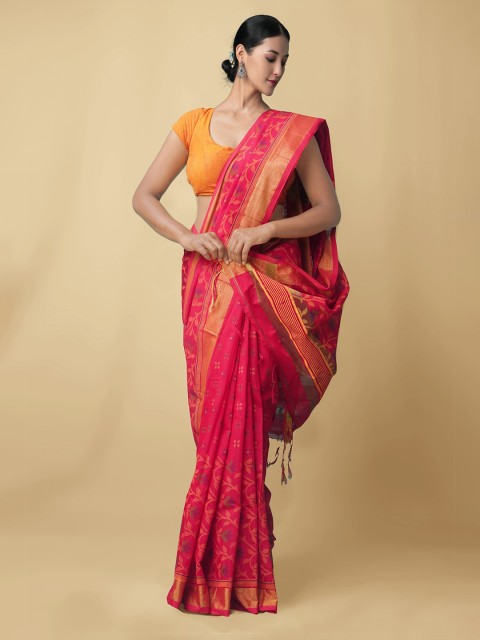 

Unnati Silks Red & Gold-Toned Floral Zari Pure Linen Jamdani Saree