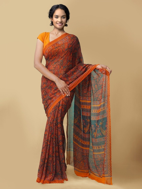 

Unnati Silks Black & Orange Kalamkari Art Silk Block Print Saree