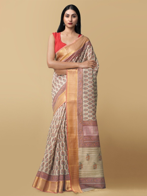 

Unnati Silks Brown & Gold-Toned Ethnic Motifs Zari Silk Cotton Maheshwari Saree
