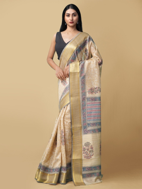 

Unnati Silks Brown & Blue Ethnic Motifs Zari Silk Cotton Maheshwari Saree