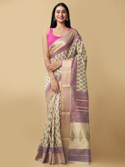 

Unnati Silks Brown & Pink Floral Printed Silk Cotton Maheshwari Saree