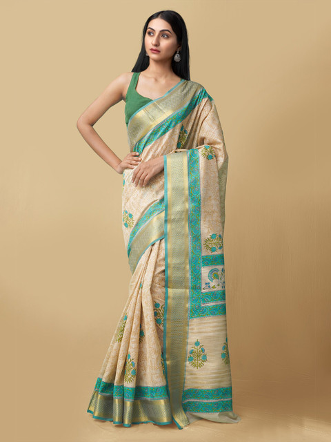 

Unnati Silks Women Beige & Turquoise Blue Maheshwari Jute Sico Saree