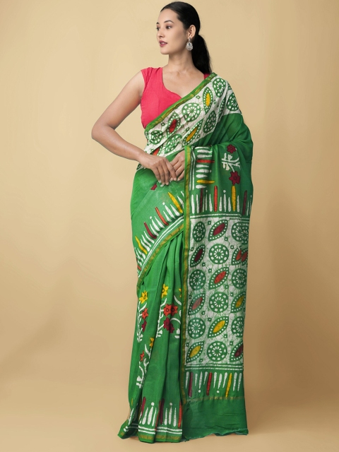 

Unnati Silks Women Green & White Pure Batik Chanderi Sico Sustainable Saree