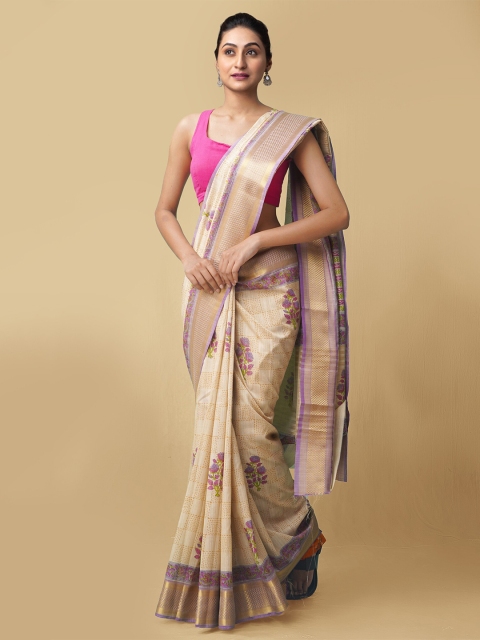 

Unnati Silks Beige & Purple Floral Zari Silk Cotton Maheshwari Saree