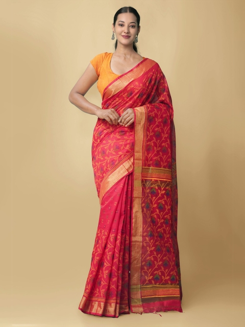 

Unnati Silks Red & Gold-Toned Woven Design Zari Handloom Pure Linen Jamdani Saree