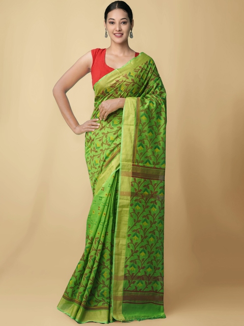 

Unnati Silks Women Green & Maroon Pure Handloom Bengal Linen Sustainable Saree