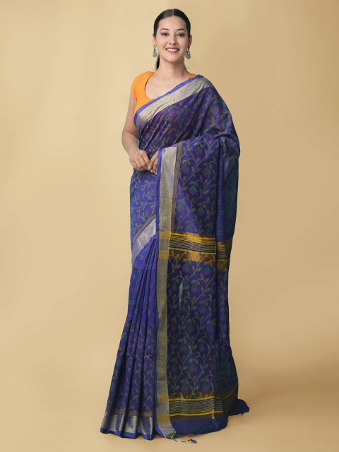 

Unnati Silks Blue & Gold-Toned Woven Design Zari Pure Linen Jamdani Saree