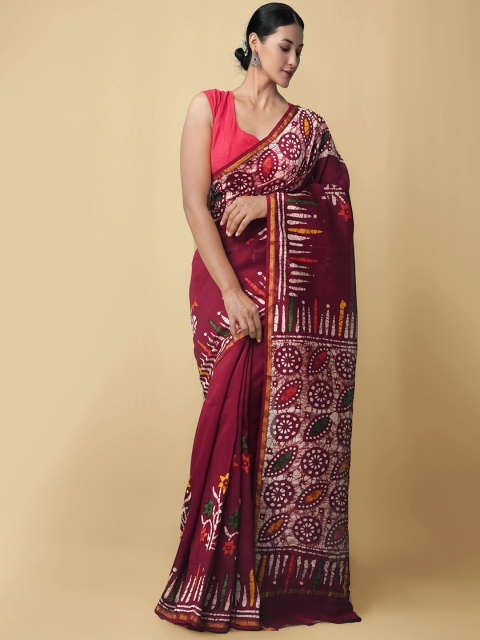 

Unnati Silks Women Maroon & White Pure Batik Chanderi Sico Sustainable Saree