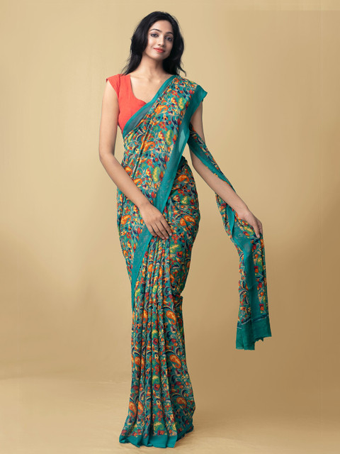 

Unnati Silks Women Green & Orange Printed Georgette Saree