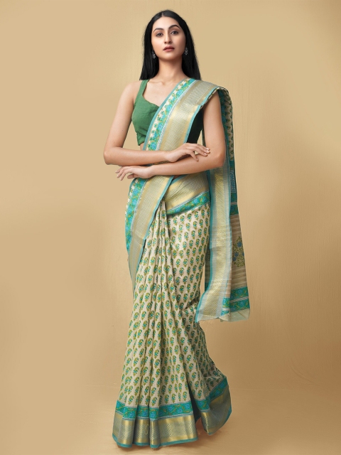 

Unnati Silks Women Cream-Coloured & Blue Maheshwari Jute Sico Saree