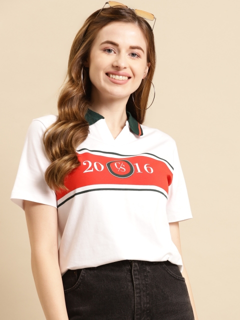 

COVER STORY Women White & Red Printed Polo Collar T-shirt