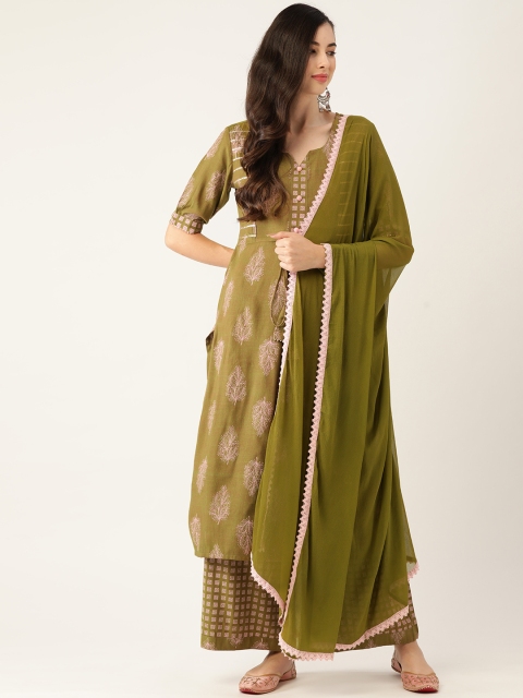 

VAABA Women Olive Green Ethnic Motifs Printed Regular Kurta with Palazzos & With Dupatta
